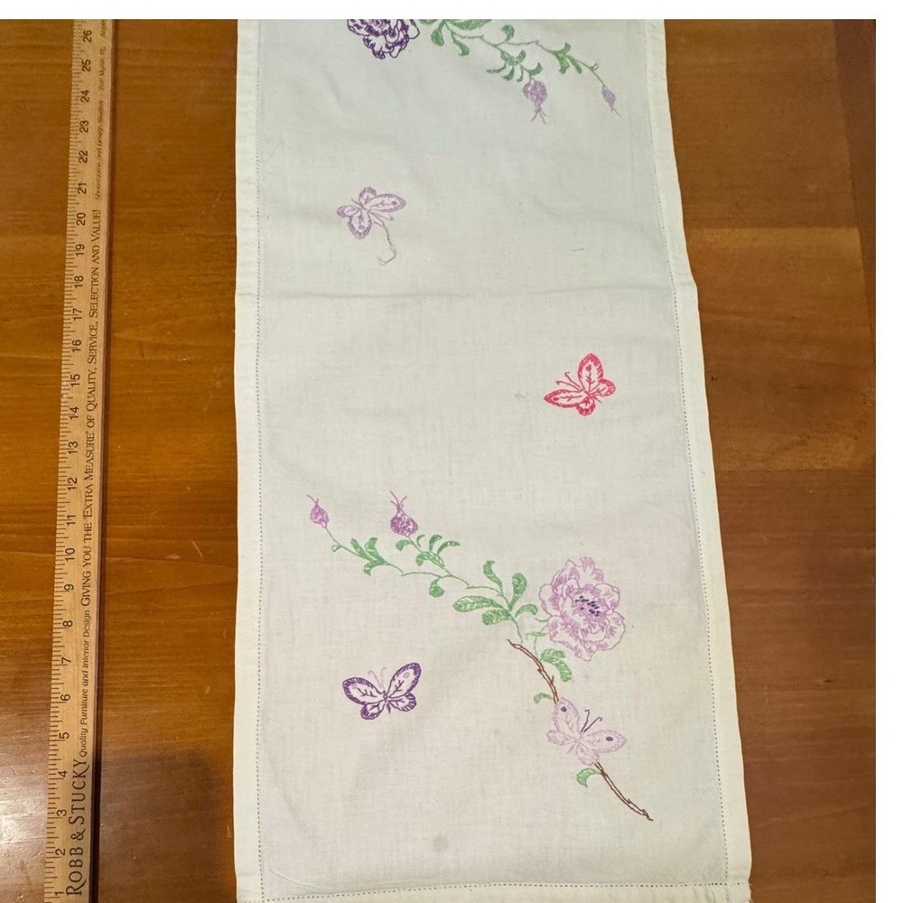 Vintage White Embroidered Floral Butterfly Table Runner Hemstitched 36x13 Rose